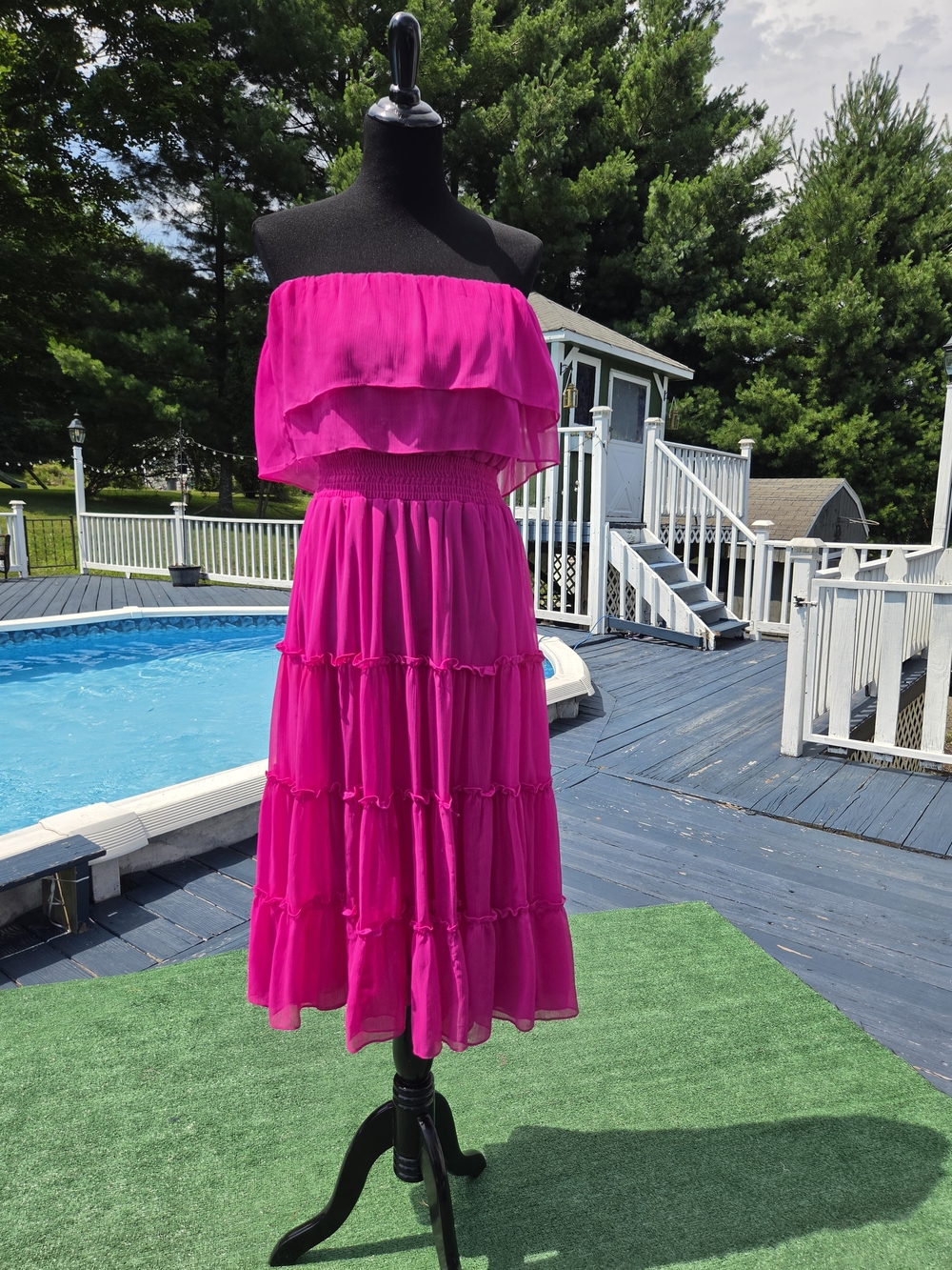 1. State Bright Fuchsia Backless Ruffle Tiered Midi Dress